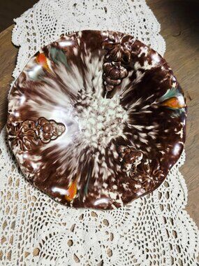 VTG MCM ART DECO MAJOLICA GLAZED POTTERY FOOTED BOWL GRAPES GERMANY 1898 11"